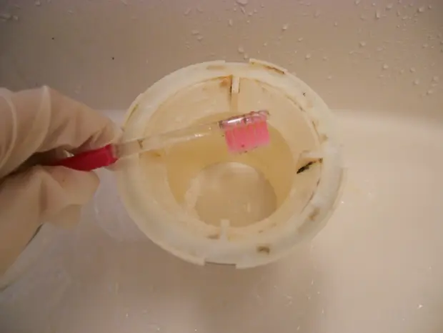 歯ブラシで排水口を洗う