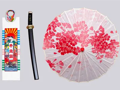 傘（女子）刀（男子）千歳飴袋、無料レンタル！スライドショーも無料で制作します。