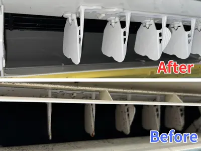 手の届かないエアコン内部のカビ、埃、臭いの徹底高圧洗浄！