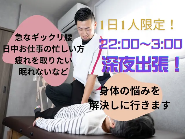 1日1人深夜限定！1回で完結させる整体/慢性痛やギックリ腰にも対応【施術台持参】サービスの画像