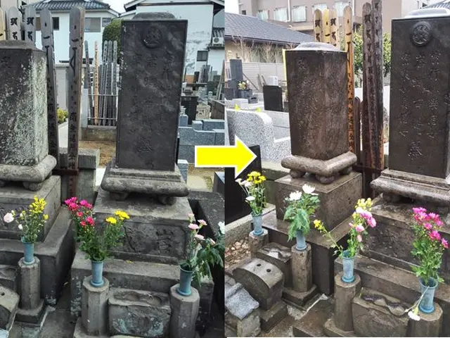 ◎墓石の黒ずんだ水垢除去。見違える程綺麗に。丁寧、安心、経験豊富。◎サービスの画像