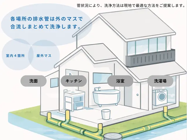 【安心プラン19,000円】室内〜屋外コミ！ 排水管まとめて洗浄いたします。サービスの画像