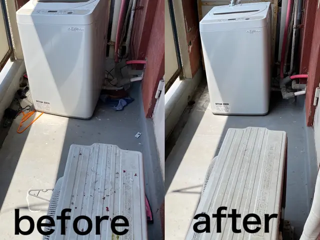 ベランダ、バルコニーをキレイに洗浄します。一般的1Rマンション程度の広さからサービスの画像