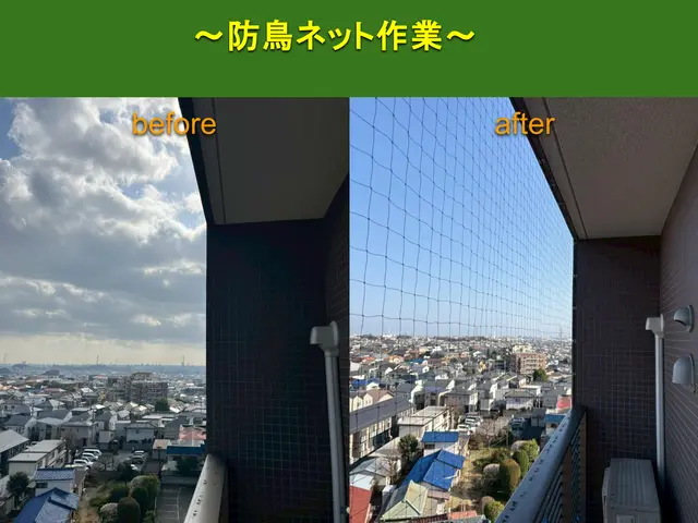 【安心の地元業者】ベランダを防鳥ネットで完全封鎖！外壁に穴開け無しの万能型施工！サービスの画像