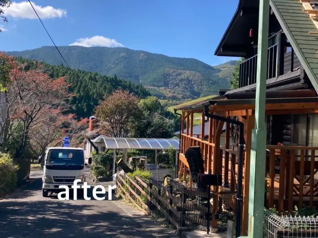 クレーン車で作業できるので高い木まで安全に作業できます！サービスの画像