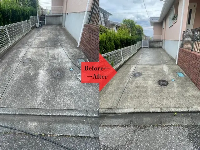 その黒ずみ・コケ汚れ、落ちるんです｜駐車場、土間の高圧洗浄施工サービスの画像