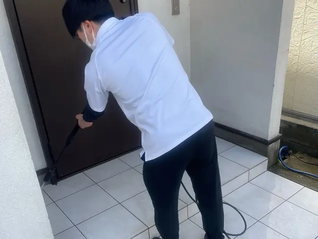 ◆高圧洗浄機で黒ずみ撃退◆激落洗剤で玄関ピカピカに致します！女性スタッフ対応可能サービスの画像