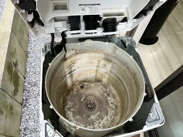 作業は洗濯機を移動し徹抵洗浄また洗濯パン　排水トラップ迄徹底的に洗浄致しますサービスの画像