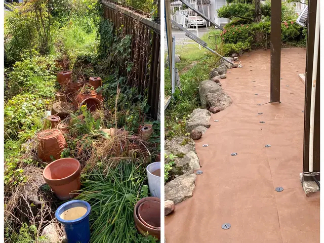 実績20年以上　防草シートの上に人工芝や砂利敷き◎ 縁取りのレンガ、石張りも施工サービスの画像