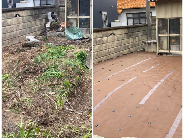 実績20年以上　防草シートの上に人工芝や砂利敷き◎ 縁取りのレンガ、石張りも施工サービスの画像