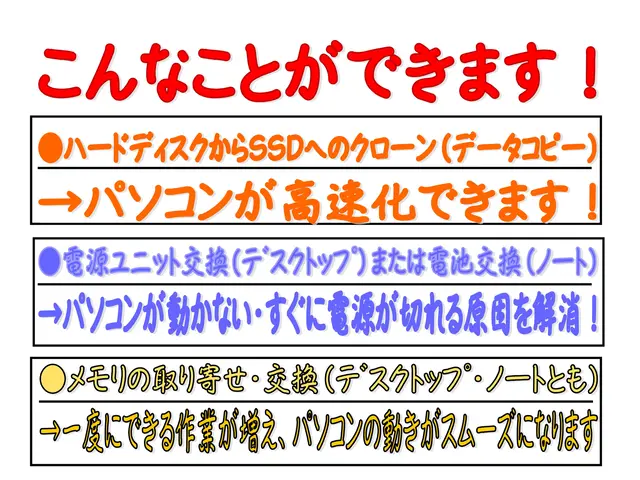 パソコン修理、部品交換各種（ハードディスクからSSDへの交換　データ移行など）サービスの画像