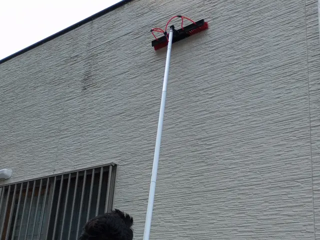 外壁を高圧洗浄機は使用せず地上からブラシで洗浄します。2階建3階建も可能です。サービスの画像